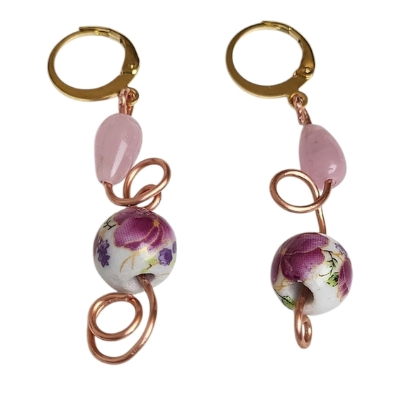 Hand Crafted Jewelry - Floral Ceramic Pink Czech Glass Cooper Spiral Huggie Hoop Earrings
